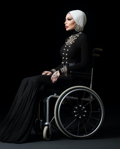 Kabbalah model in antique wheelchair wearing religious couture --weird 1000 --stylize 1000 --ar 8:10