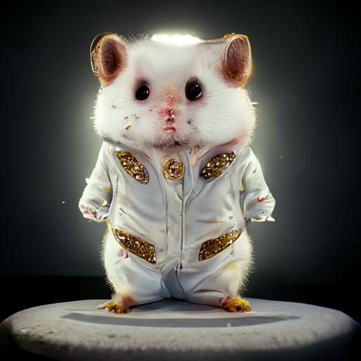 Elvis Presely as a hamster, white jump suit, realistic, detailed, ornate, cinematic lighting