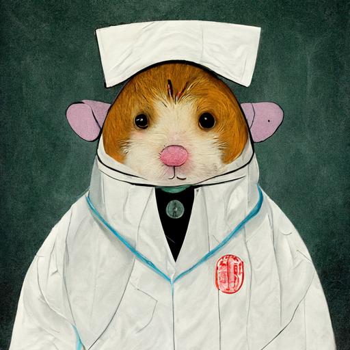hamster dessed as a doctor in a white lab coat, stethescope, in the style of Studio Ghibli