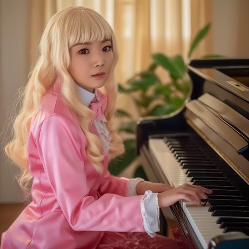 Kaede Akamatsu in an 80's TV sitcom, in an 80's sitcom, Kaede, Kaede Akamatsu, Kaede Akamatsu from Danganronpa, live action, real life, real person, photorealistic, hyperealistic, blonde, blonde hair, pink outfit, pianist, piano player, TV screenshot, TV Show, 80's, 80's quality, 80's aesthetic, 80's American, 80's American aesthetic, 2:1 aspect ratio, Saved By The Bell, Full House, Family Matters, intricate details, soft focus --v 6.0 --s 50 --style raw