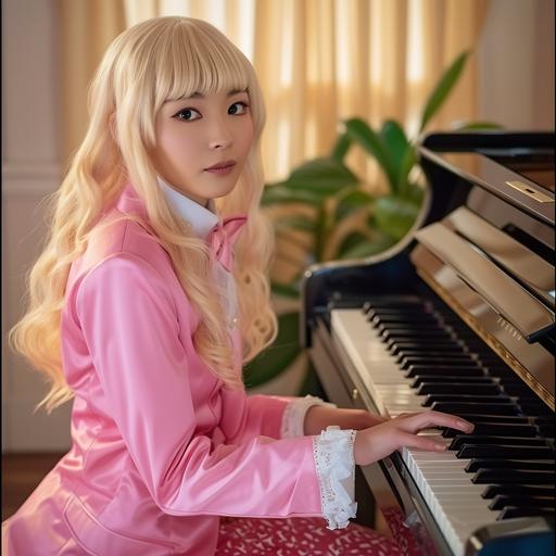 Kaede Akamatsu in an 80's TV sitcom, in an 80's sitcom, Kaede, Kaede Akamatsu, Kaede Akamatsu from Danganronpa, live action, real life, real person, photorealistic, hyperealistic, blonde, blonde hair, pink outfit, pianist, piano player, TV screenshot, TV Show, 80's, 80's quality, 80's aesthetic, 80's American, 80's American aesthetic, 2:1 aspect ratio, Saved By The Bell, Full House, Family Matters, intricate details, soft focus --v 6.0 --s 50 --style raw