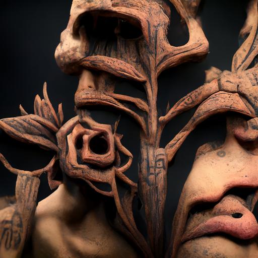 A wood carved aztec shaman side profile relic san pedro peyote morning glory flower vines passion flower vines salvia plants entrance to the underworld background, hyper realistic, octane render, micro details, ultra-high detail, dark fantasy, 8k, portrait aspect ratio --h 5000 --w 5000 --uplight