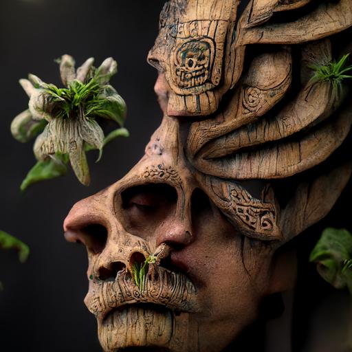A wood carved aztec shaman side profile relic san pedro peyote morning glory flower vines passion flower vines salvia plants entrance to the underworld background, hyper realistic, octane render, micro details, ultra-high detail, dark fantasy, 8k, portrait aspect ratio --h 5000 --w 5000