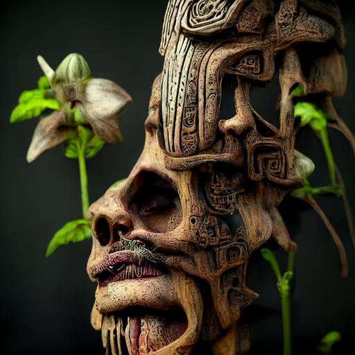 A wood carved aztec shaman side profile relic san pedro peyote morning glory flower vines passion flower vines salvia plants entrance to the underworld background, hyper realistic, octane render, micro details, ultra-high detail, dark fantasy, 8k, portrait aspect ratio --h 5000 --w 5000