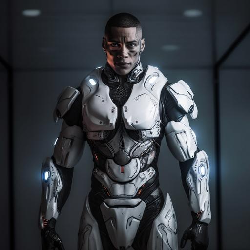 Kamil McFadden as Cyborg from DC, ultra realistic, full body shot, soft lighting, lab background