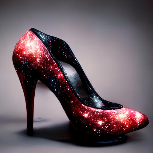 modern shoes, sparkle heels, lack, stylish, red, white background, starlight, cinematic