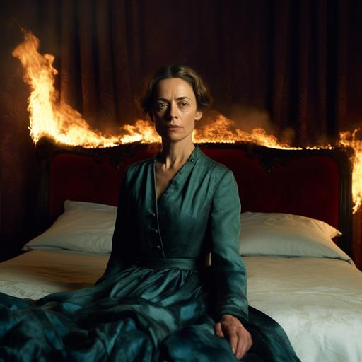 Kate Dickie as a luxurious royal in 1940s Scotland, with eyes close to each other, sitting on the end of a bed, the bed is on fire, background is on fire, with stains on the wall, strong blue tint, dark at night, strong blue tint, annie leibovitz, with an explosion and flames in the background shadows, photorealistic Taken with a Holga camera, f/ 2. 8, 30mm, Realistic, realism, hd, 35mm photograph, sharp, sharpened, 8k --v 5.2