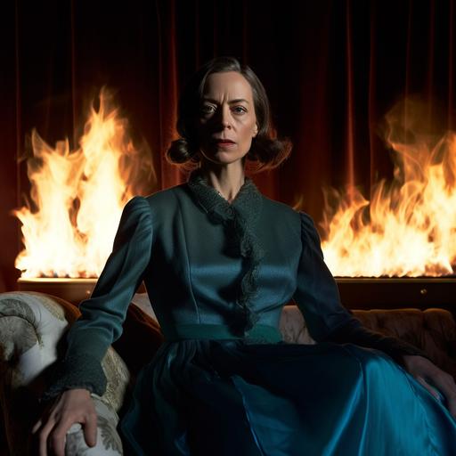 Kate Dickie as a luxurious wrinkled dame in 1940s Scotland, sitting on the end of a bed, the bed is on fire, background is on blue fire, with stains on the wall, strong blue tint and lighting, dark at night, strong blue tint, annie leibovitz, with an explosion and flames in the background shadows, photorealistic Taken with a Holga camera, f/ 2. 8, 30mm, Realistic, realism, hd, 35mm photograph, sharp, sharpened, 8k