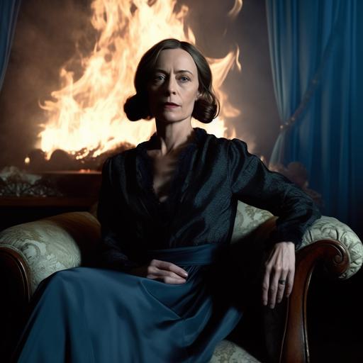 Kate Dickie as a luxurious wrinkled dame in 1940s Scotland, sitting on the end of a bed, the bed is on blue fire, background is on blue fire, with stains on the wall, strong blue tint and lighting, blue shade, dark at night, strong blue tint, annie leibovitz, with an explosion and flames in the background shadows, photorealistic Taken with a Holga camera, f/ 2. 8, 30mm, Realistic, realism, hd, 35mm photograph, sharp, sharpened, 8k