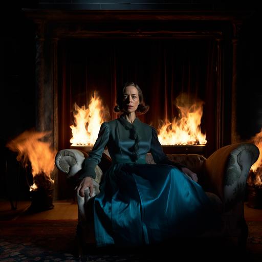 Kate Dickie as a luxurious wrinkled dame in 1940s Scotland, sitting on the end of a bed, the bed is on fire, background is on blue fire, with stains on the wall, strong blue tint and lighting, dark at night, strong blue tint, annie leibovitz, with an explosion and flames in the background shadows, photorealistic Taken with a Holga camera, f/ 2. 8, 30mm, Realistic, realism, hd, 35mm photograph, sharp, sharpened, 8k