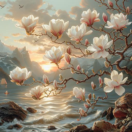 Katsushika Hokusai painting of a magnolia branch blooming white and pink flowers in a Norwegian Fiordland, swirled of mist create wavy patterns, steep rocks, sunrise on the horizon line, fishing boats in the background with seagulls flying above, bright colors, sunrise tones, and Rembrandt lighting. surrealist nature poster--ar 31:16 --stylize 1000 --v 6.0