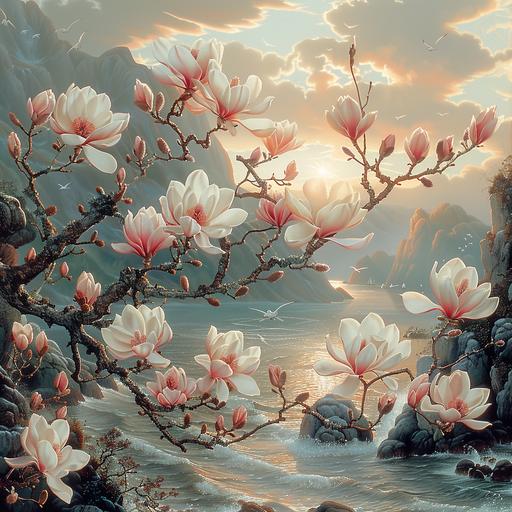 Katsushika Hokusai painting of a magnolia branch blooming white and pink flowers in a Norwegian Fiordland, swirled of mist create wavy patterns, steep rocks, sunrise on the horizon line, fishing boats in the background with seagulls flying above, bright colors, sunrise tones, and Rembrandt lighting. surrealist nature poster--ar 31:16 --stylize 1000 --v 6.0