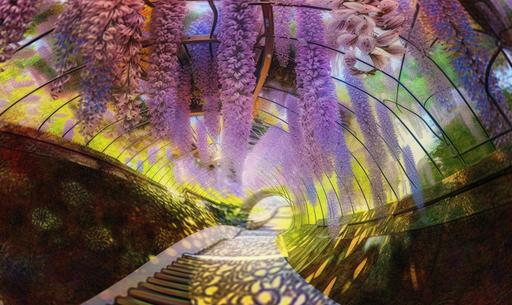 Kawachi Wisteria Gardens tunnels in Fukuoka, award winning wide angle photograph, super-detailed, extremely intricate, well textured, photo-realistic, ray tracing, global illumination, optics, scattering, glowing, shadows, soft, shimmering, ray tracing reflections, lumen reflections, screen space reflections, watercolored pencils, octane rendering, 16k --ar 5:3 --q 3 --v 5 --s 411 --c 33