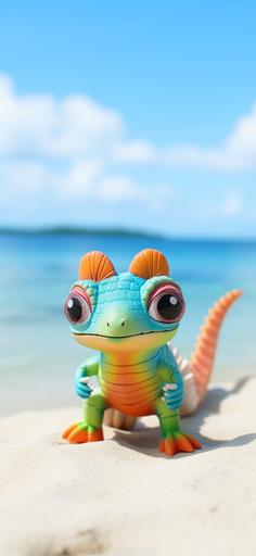 Kawaii cartoon chameleon chilling out on an atoll beach. Photograph. Canon DSLR. Tilt-shift. --ar 90:195