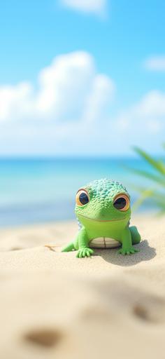 Kawaii cartoon chameleon chilling out on an atoll beach. Photograph. Canon DSLR. Tilt-shift. --ar 90:195