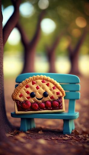 Kawaii cartoon cherry pie 🥧, chilling in the park. Photograph. Canon DSLR. Tilt-shift. --ar 9:16
