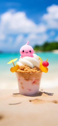 Kawaii cartoon ice cream sundae chilling out on an atoll beach. Photograph. Canon DSLR. Tilt-shift. --ar 90:195