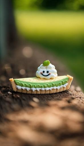 Kawaii cartoon key lime pie 🥧, chilling in the park. Photograph. Canon DSLR. Tilt-shift. --ar 9:16