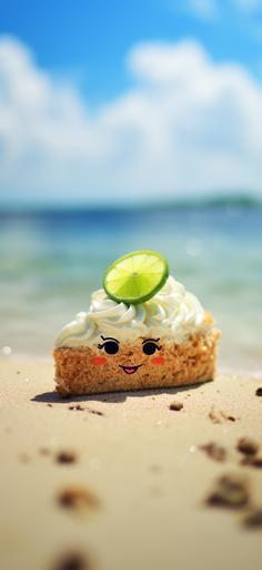 Kawaii cartoon key lime pie chilling out on an atoll beach. Photograph. Canon DSLR. Tilt-shift. --ar 90:195