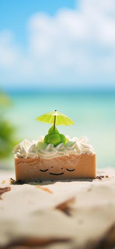 Kawaii cartoon key lime pie chilling out on an atoll beach. Photograph. Canon DSLR. Tilt-shift. --ar 90:195