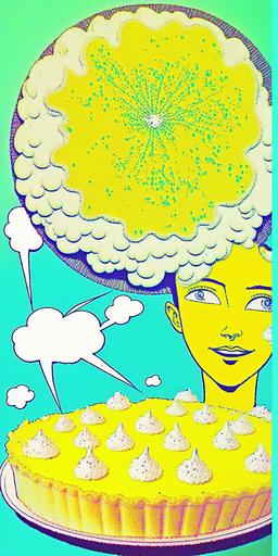 Kawaii cartoon lemon meringue pie 🥧. Surrealist pop art. 1970s. Photographic collage. Double exposure. Mixed media. Oil paint. Pointillism. 4CP. Graph paper. Thought bubble. Felt tip cartoon sketch. Neon highlighter. Ballpoint pen. π --ar 1:2 --chaos 75