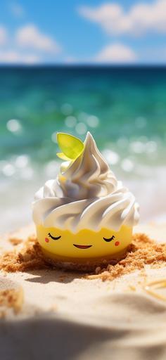 Kawaii cartoon lemon meringue pie chilling out on an atoll beach. Photograph. Canon DSLR. Tilt-shift. --ar 90:195