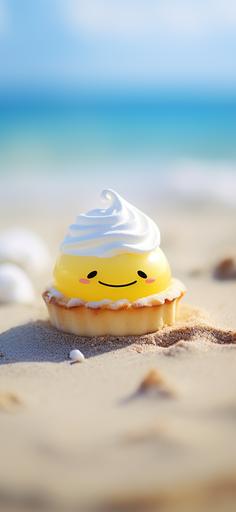 Kawaii cartoon lemon meringue pie chilling out on an atoll beach. Photograph. Canon DSLR. Tilt-shift. --ar 90:195
