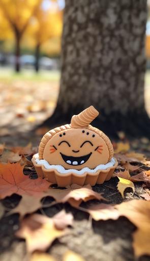 Kawaii cartoon pumpkin pie 🥧, chilling in the park. Photograph. Canon DSLR. Tilt-shift. --ar 9:16