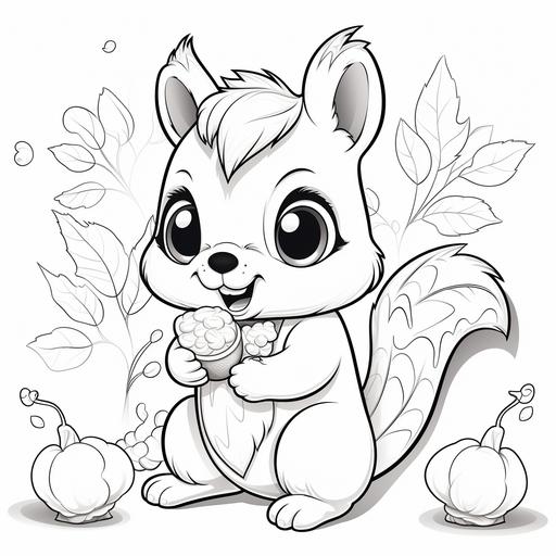 Kawaii cartoon squirrel with acorns in his hands coloring page, white page, no shading, no grey, thick lines