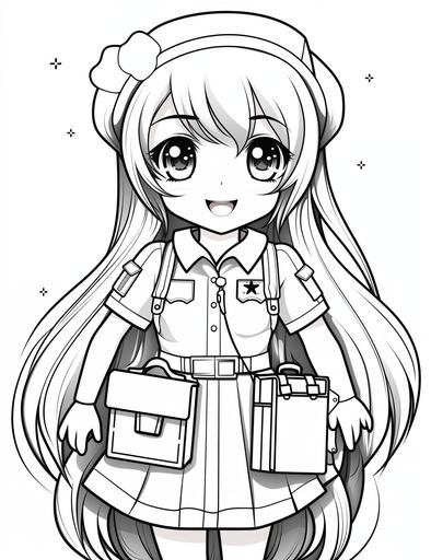 Kawaii nurse anime girl with a first aid kit, kawaii coloring page, cute and clean line art style, white back ground, High quality, low details, --ar 17:22