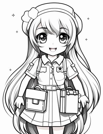 Kawaii nurse anime girl with a first aid kit, kawaii coloring page, cute and clean line art style, white back ground, High quality, low details, --ar 17:22