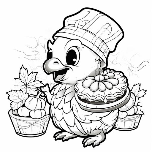 Kawaii thanksgiving turkey holding a cartoon pumpkin pie coloring page, white page, no shading, no grey, thick lines