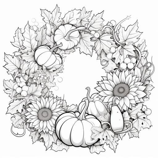 Kawaii thanksgiving wreath with sunflowers, pumpkins and acorns, coloring page, no shading, no grey, thick lines