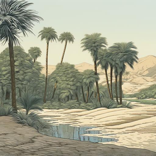 Kawase Hasui style. Oasis. A desert oasis in a sandy desert as seen from behind a forest of nearby palm trees, painted by Yoshida Hiroshi in Egypt for woodblock print. Dense vegetation, forest of palm trees. Kawase Hasui, woodcut, Charles William Bartlett woodblock. monochromatic shadows, limited shading, dynamic linework. --s 50 --style raw