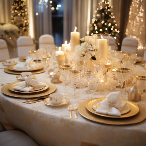 Keep decor elegant, embracing the All-White theme. Introduce gold elements for sophistication. Consider white tablecloths, gold accents on table settings. Use white flowers with gold ribbon for centerpieces christmas party