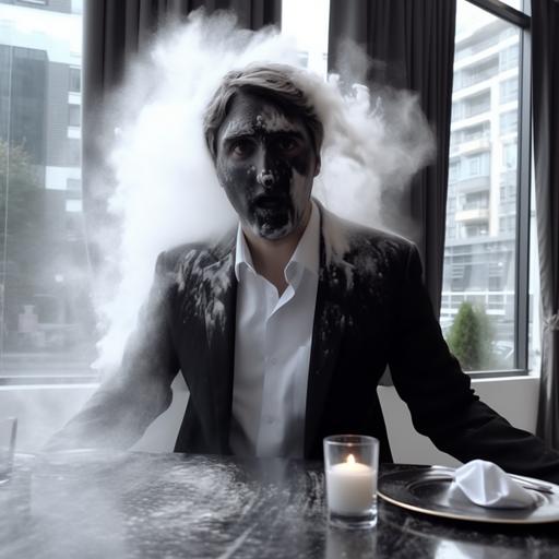 Keep the face unchanged, inside of a hotel room with a black table covered with white powder