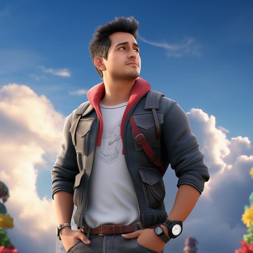 Keep the picture as it is but make the beautiful sky background, pixar 3D like image, 30 year men, black hair, men is wearing a light gray half sleeveless jacket and blue jeans pant, men is wearing watch in left hand, low detail