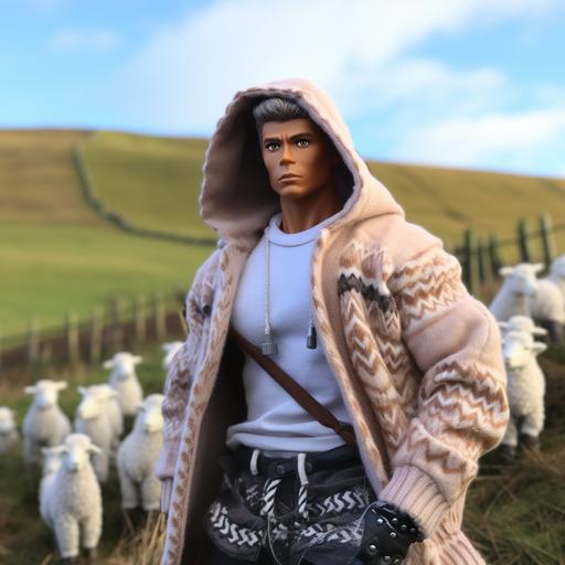 Ken doll in a rural field in Ireland with a few sheep in the background wearing a parker with the hood up and fur on the hood