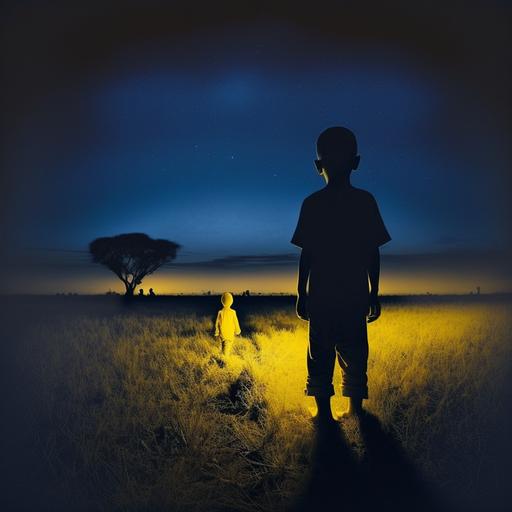 Kenya, savana scene, night sky, dusk, yellow dark blue colors, shadow of a woman holding a childs hand watching the view, film photpgraphy, kodak, grain, cinematic back lighting