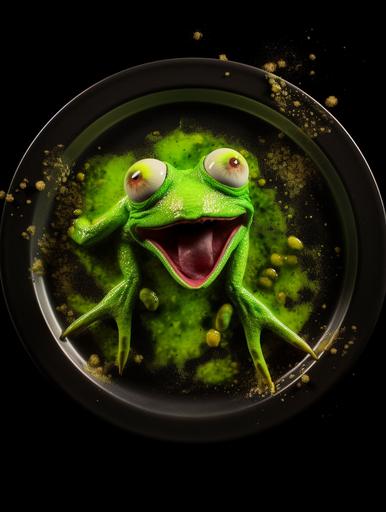 Kermit the frog eating a plate full of siphonophores, in the style of muppetcore, slimecore entities on the plate glowing ominously, in the style of industrial horror, paradoxical illusions --v 5a --c 7 --ar 3:4