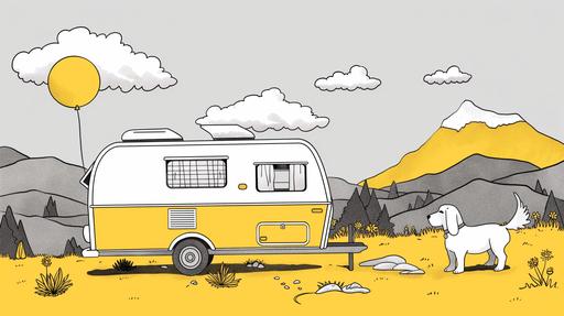 Kevin Lyons doodle style with various 1980s vosvogen caravan, dog,montain in black,white,yellow,some with thought balloon, 4k, --ar 16:9 --v 6.0