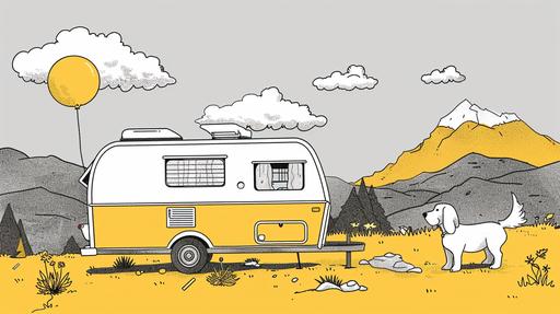Kevin Lyons doodle style with various 1980s vosvogen caravan, dog,montain in black,white,yellow,some with thought balloon, 4k, --ar 16:9 --v 6.0