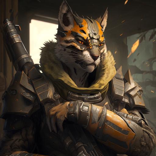 Khajiit with tiger color fur. The character is wearing a sci-fi heavy armor painted with flashy orange and black camo. he has a cigar in his mouth. He has a shotgun in his hands and a rocket launcher in his back. He smile and mouth opened with tiger teeth. he look away of the camera. background is a sci-fi bar. Canon Eos 5D mark VI, ultra detailed fur