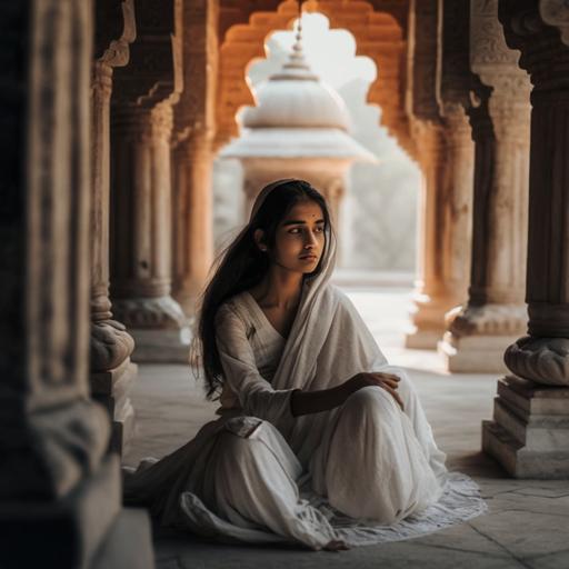 asian girl 20 years very pretty draped in white choddar sitting barefooted in huge courtyard of amosque showing background pretty feet showing in front daylight high resolution 4k unsplash v5
