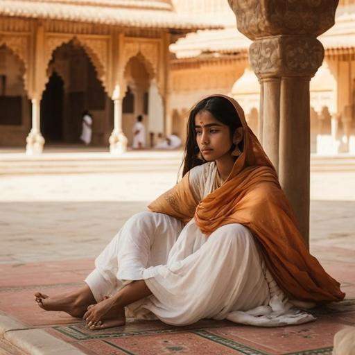 asian girl 20 years very pretty draped in white choddar sitting barefooted in huge courtyard of amosque showing background pretty feet showing in front daylight high resolution 4k unsplash v5