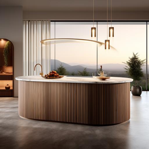 Kichen island design, oval shape, marble counter top, wooden reeded wood base, oval wave shape base, stand-aone as a product shoot, white studio setting with nothing but the product, warm lighting, photorealistic, ultra HD, 5HD, 5K, only island in the picture
