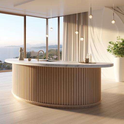 Kichen island design, oval shape, marble counter top, wooden reeded wood base, oval wave shape base, stand-aone as a product shoot, white studio setting with nothing but the product, warm lighting, photorealistic, ultra HD, 5HD, 5K, only island in the picture