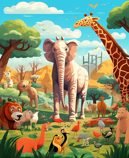 Kids Illustration, zoo animal ,cartoon style,thick lines, low detail, vivid color --ar 9:11