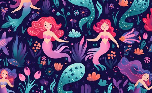 Kids background wallpaper, Mermaids & Seashells Pattern, cartoon style, thick lines, low detail, vivid color --ar 155:95