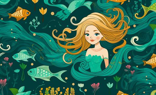 Kids background wallpaper, Mermaids & Seashells Pattern, cartoon style, thick lines, low detail, vivid color --ar 155:95